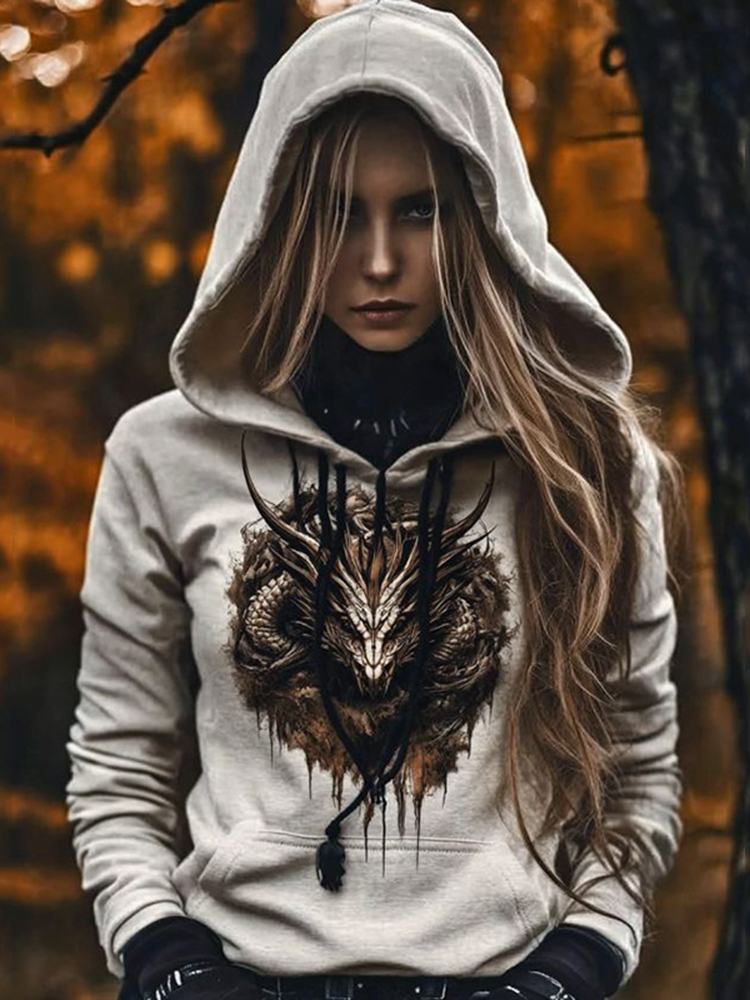Women's Tribal Viking Dragon Printed Casual Hoodie
