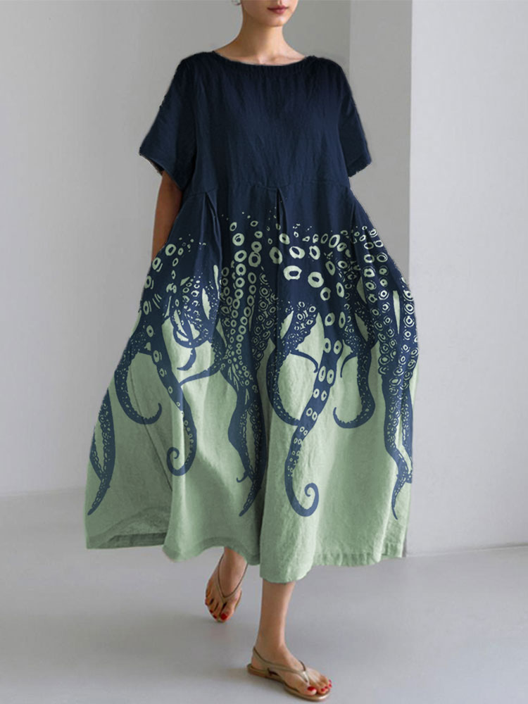 Ocean Octopus Japanese Art Linen Blend Casual Dress Ocean Octopus Japanese Art Linen Blend Casual Dress