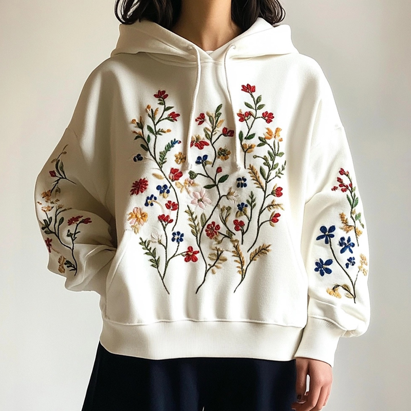 Elegant Florals Plants Embroidered Cozy Hoodie Elegant Florals Plants Embroidered Cozy Hoodie