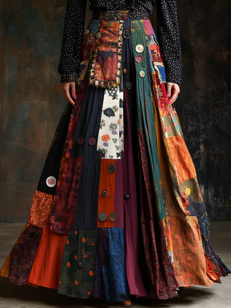 Bohemian Style Colorful Patchwork Ethnic Print Skirt