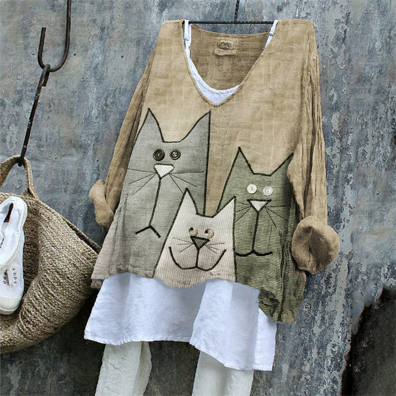 Lovely Cats Patchwork Fiber Art Linen Blend Tunic Lovely Cats Patchwork Fiber Art Linen Blend Tunic