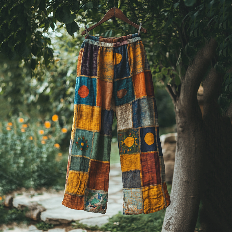 Vintage Color Block Linen Blend Loose Pants Vintage Color Block Linen Blend Loose Pants
