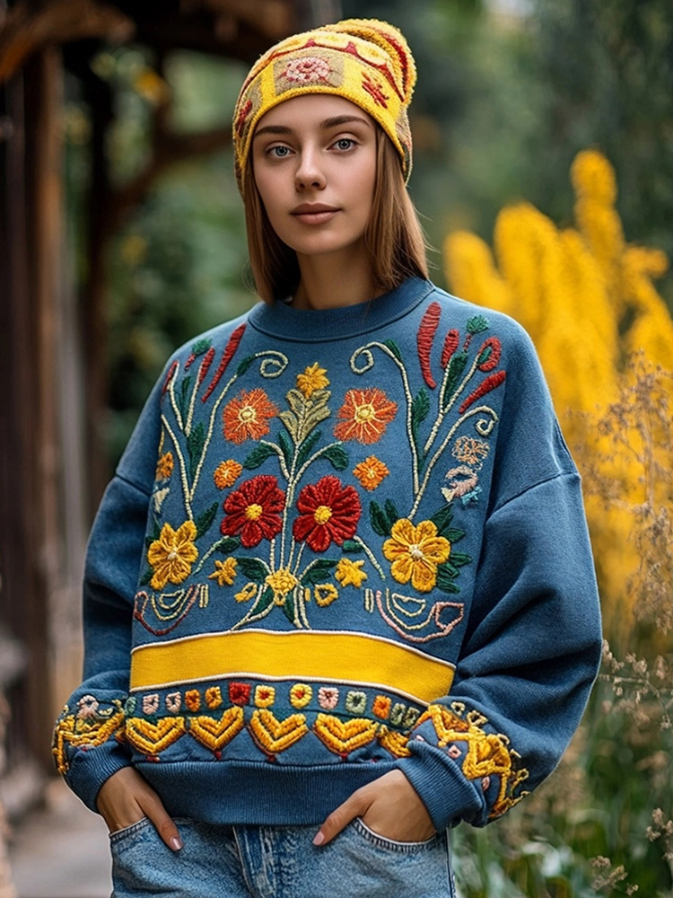 Ukrainian Folk Floral Embroidered Vintage Cozy Sweatshirt