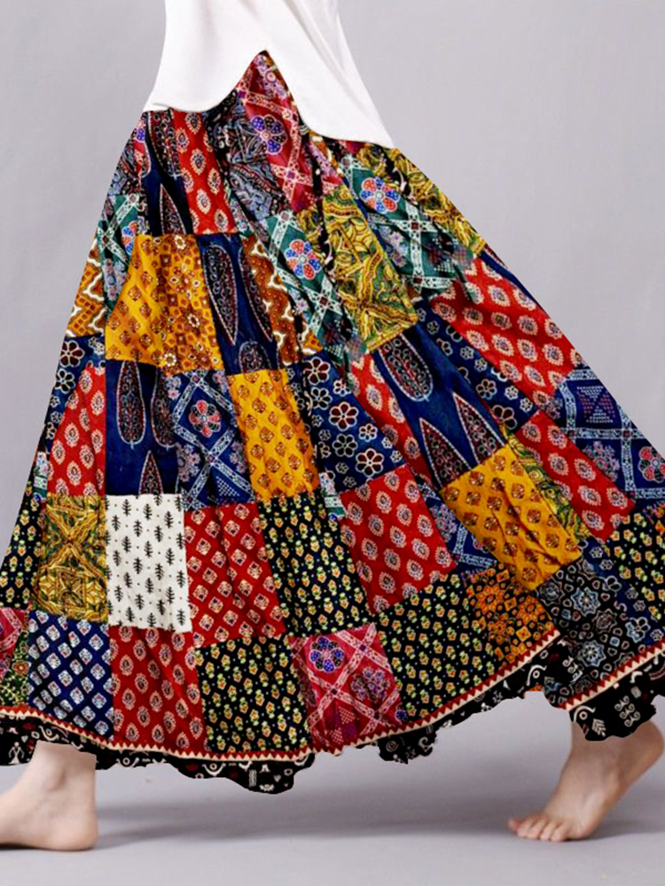 Boho Patchwork Flowy Linen Blend Wide Skirt