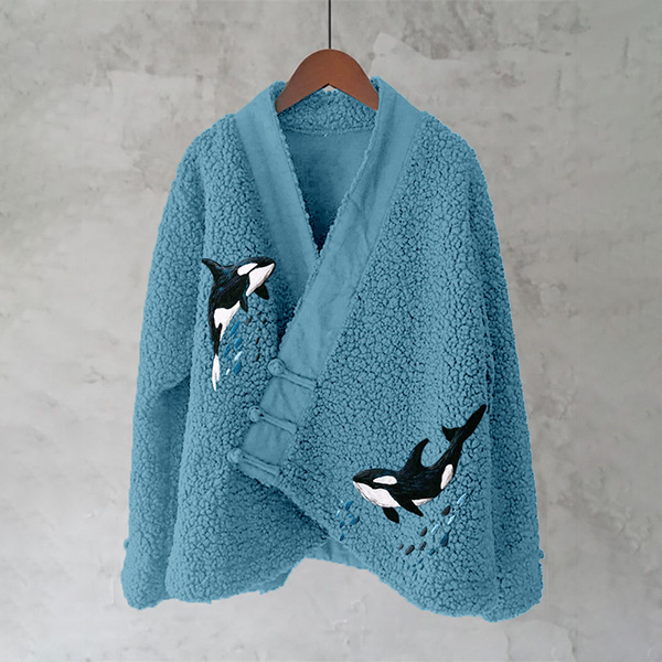 Ocean Whales Embroidery Art Fleece Kimono Cardigan Ocean Whales Embroidery Art Fleece Kimono Cardigan