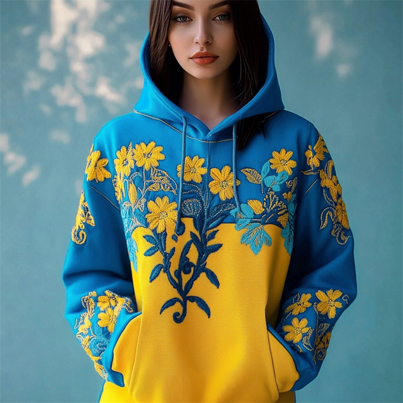 Ukraine Ethnic Floral Embroidered Contrast Color Hoodie