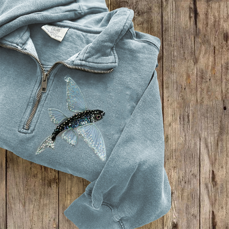 Classy Fish Sequins Embroidered Zip Up Sweatshirt