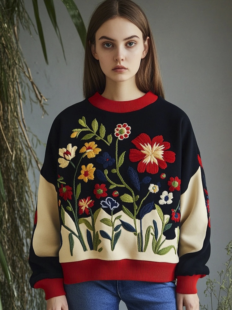 Colorful Floral Embroidery Women's Crew Neck Sweatshirt