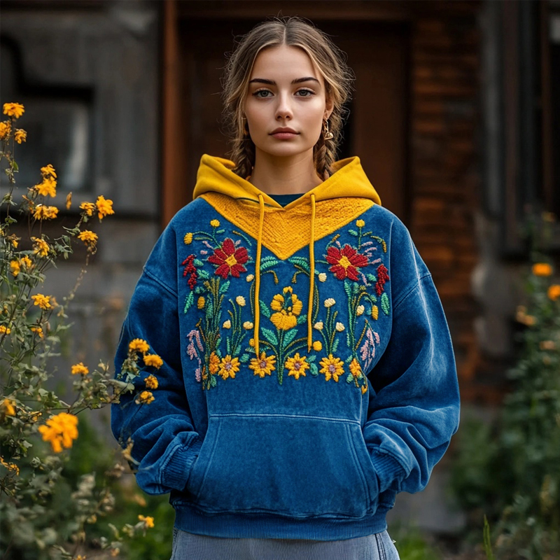 Vintage Ukrainian Folk Floral Embroidered Contrast Color Cozy Hoodie Vintage Ukrainian Folk Floral Embroidered Contrast Color Cozy Hoodie
