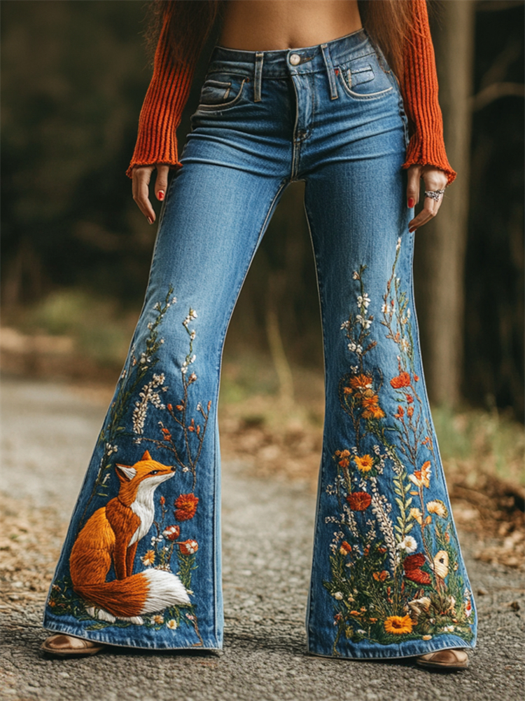 Forest Fox Floral Embroidered Washed Flare Jeans