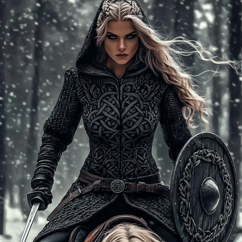 Women's Viking Tribal Jacquard Celtic Chunky Knit Zip-up Hooded Sweater