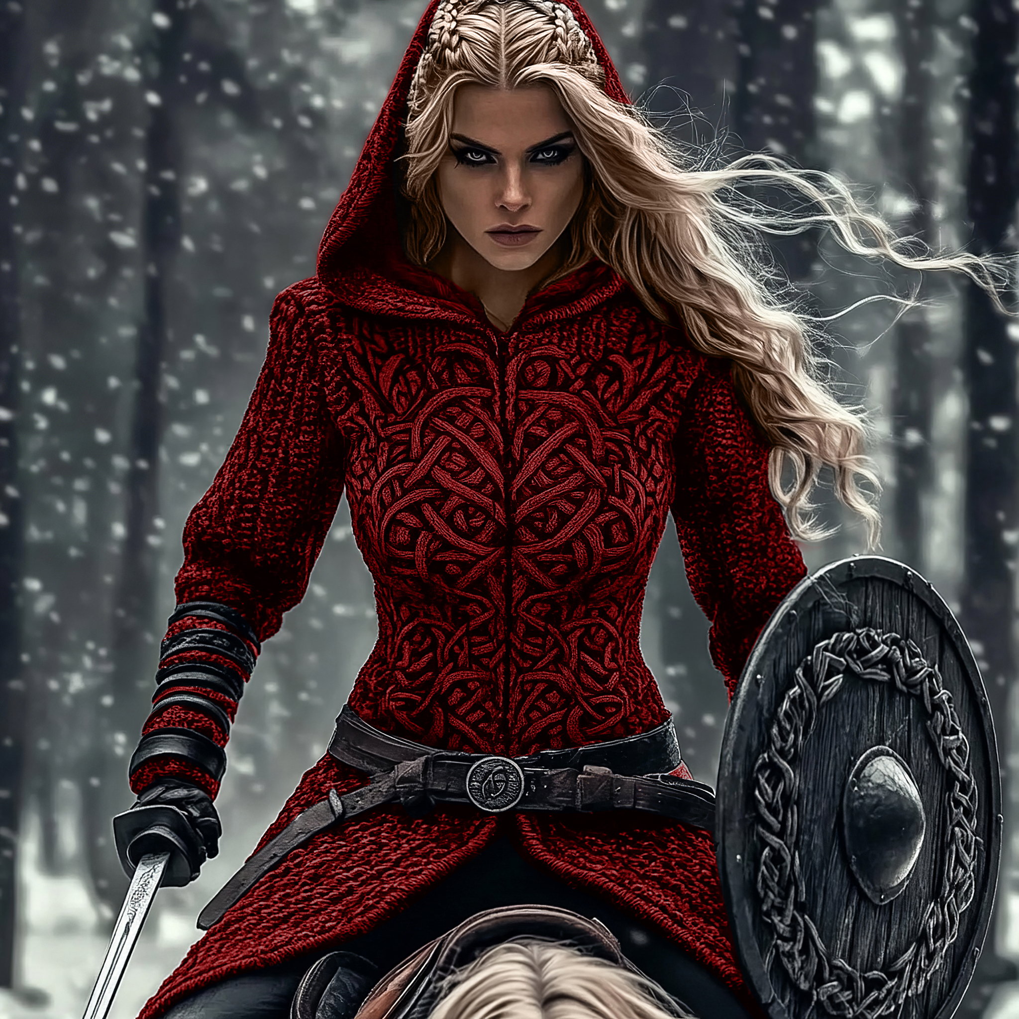 Women's Viking Tribal Jacquard Celtic Chunky Knit Zip-up Hooded Sweater
