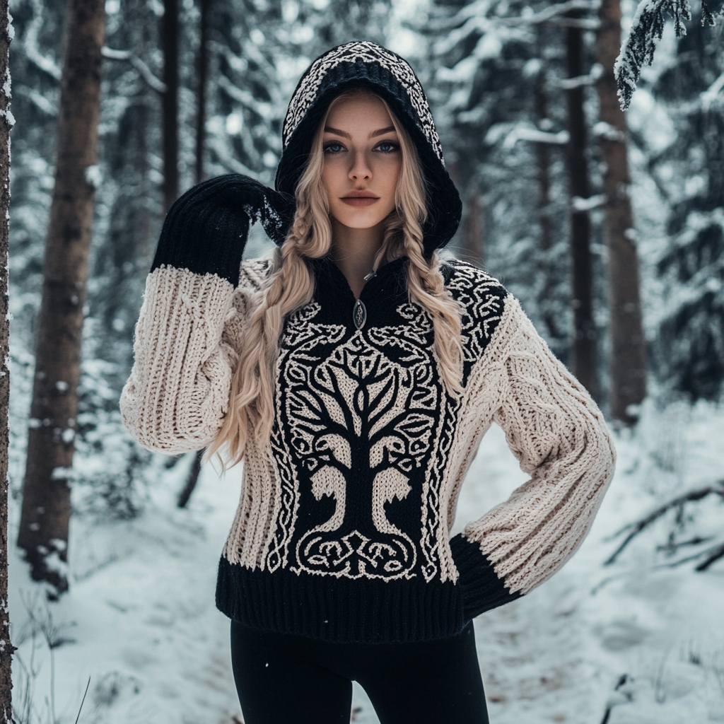 Women's Viking Tree Of Life Jacquard Cozy Chunky Knit Hooded Sweater Women's Viking Tree Of Life Jacquard Cozy Chunky Knit Hooded Sweater