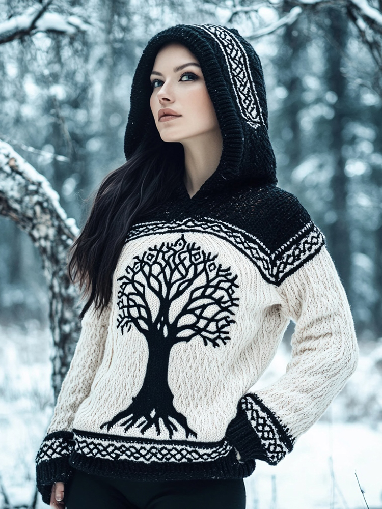 Women's Viking Tree Of Life Contrast Jacquard Cozy Knit Hooded Sweater Women's Viking Tree Of Life Contrast Jacquard Cozy Knit Hooded Sweater