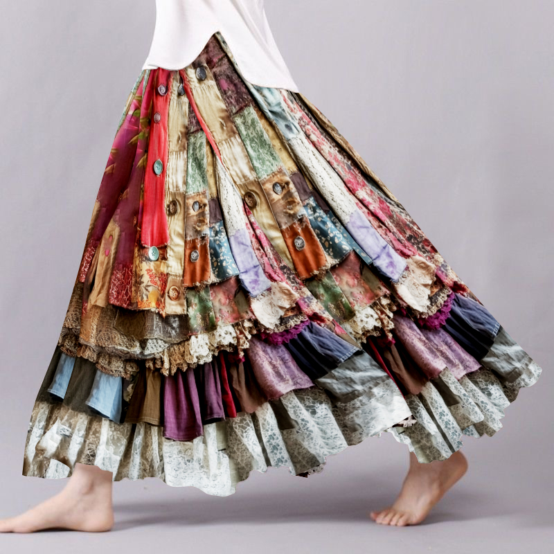 Boho Colorful Patchwork Textile Flowy Linen And Lace Blend Wide Skirt
