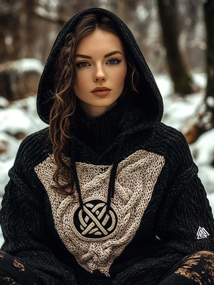 Women's Viking Tribal Jacquard Celtic Inspired Knit Hooded Sweater