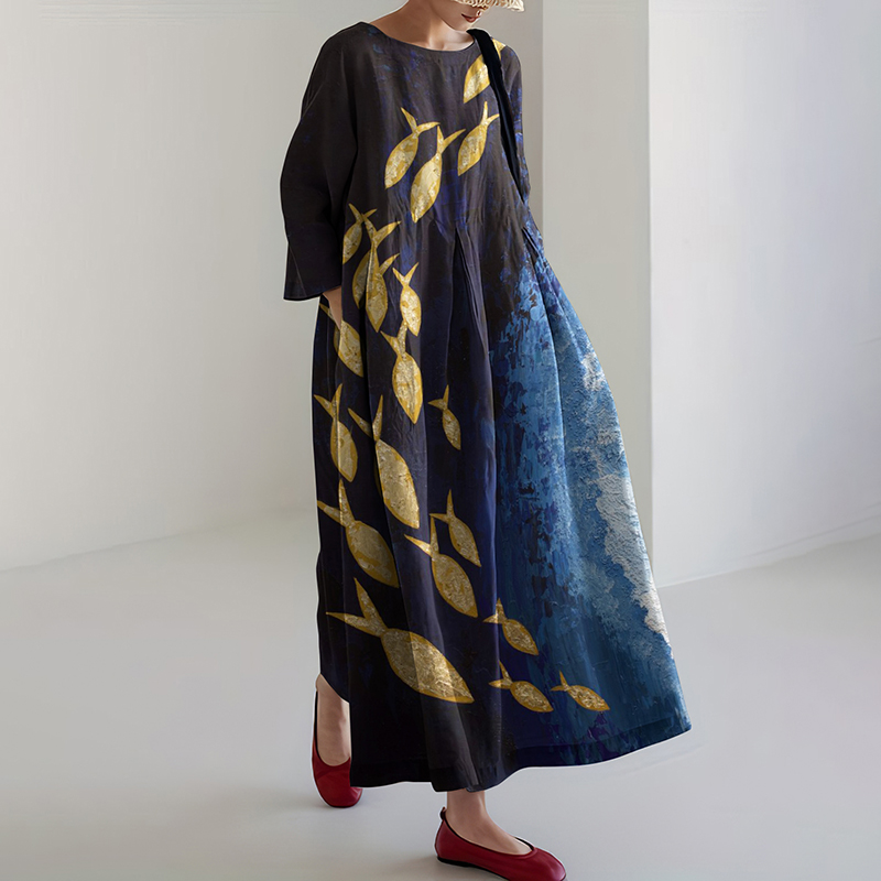 Women's Ocean Fish Schools Linen Blend Maxi Dress Women's Ocean Fish Schools Linen Blend Maxi Dress