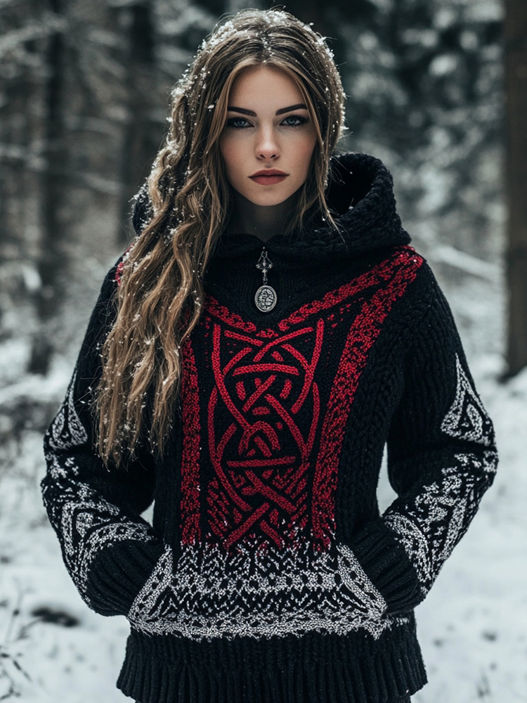 Women's Viking Totem Celtic Knot Retro Pocket Hooded Sweater