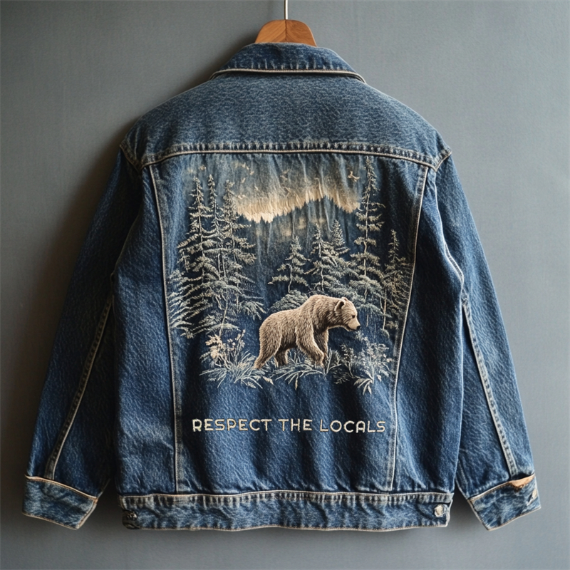 Respect The Locals Bear Landscape Embroidered Denim Jacket Respect The Locals Bear Landscape Embroidered Denim Jacket