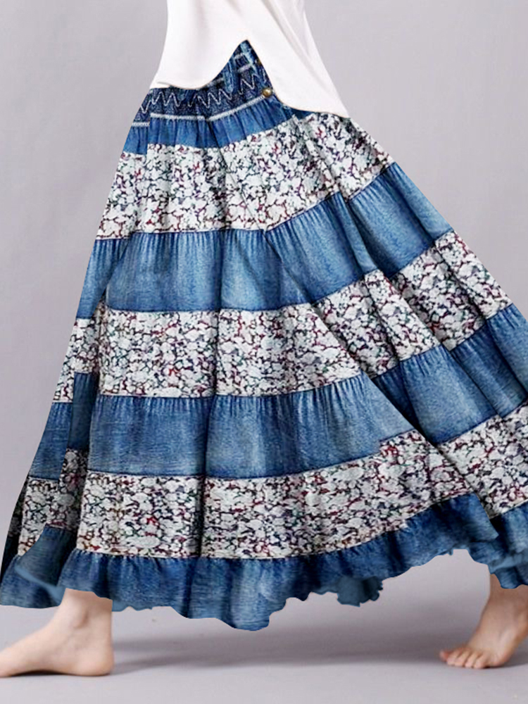 Vintage Bohemian Floral Patchwork Linen Skirt