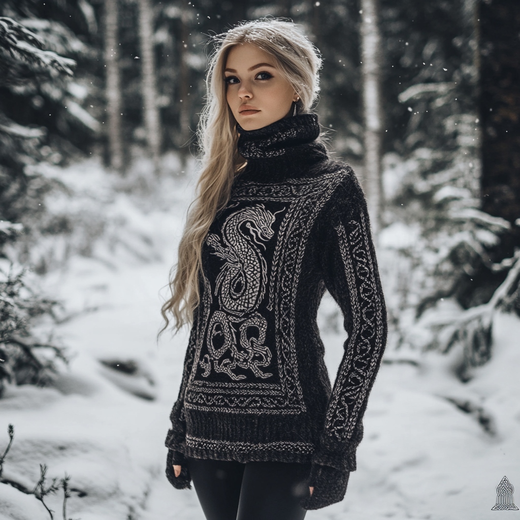 Viking Dragon Pattern Turtleneck Knit Sweater Viking Dragon Pattern Turtleneck Knit Sweater