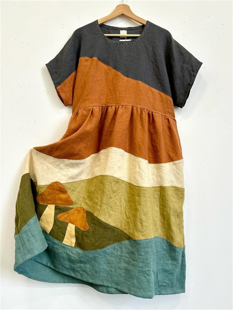 Mushroom Landscape Colorblock Patchwork Linen Dress