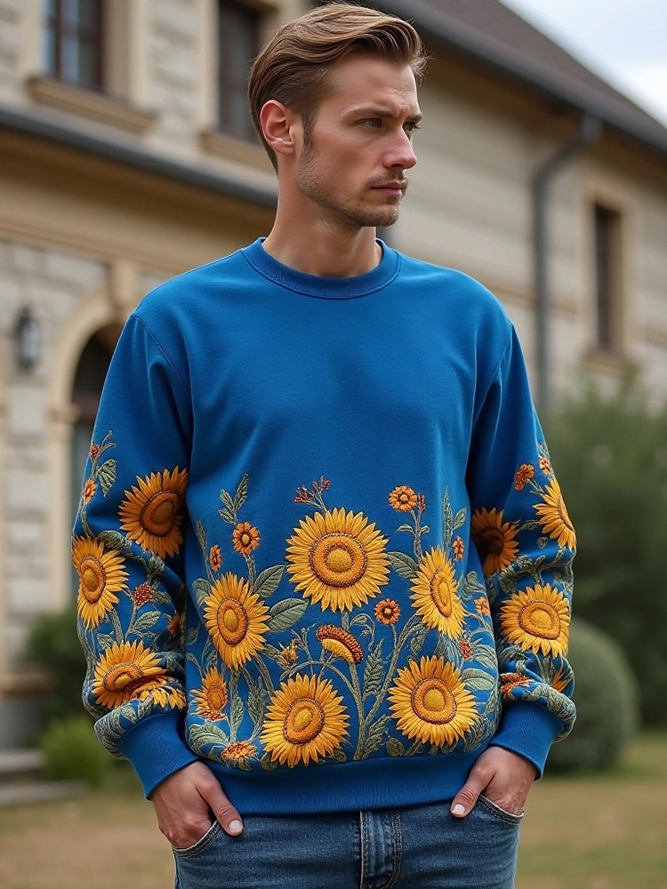 Men's Ukrainian Sunflower Embroidered Crew Neck Sweatshirt
