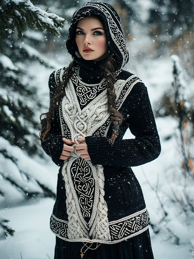 Women's Viking Tribal Celtic Chunky Knit Hooded Sweater