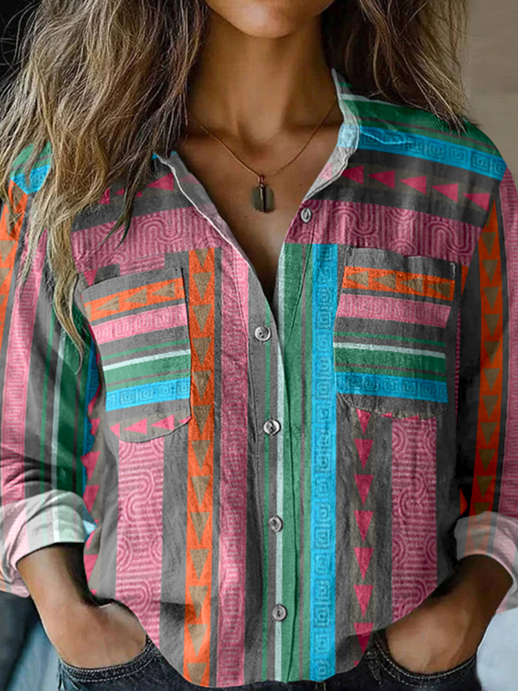 Bohemian Geometric Color Block Patchwork Colorful Linen Print  Long Sleeve Shirt