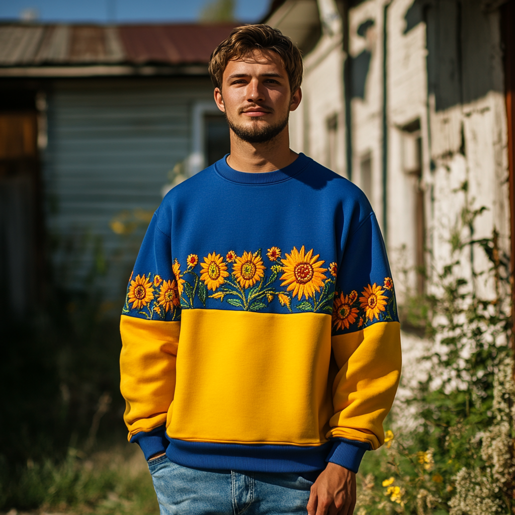 Men's Ukrainian Sunflower Embroidery Crew Neck Sweatshirt Men's Ukrainian Sunflower Embroidery Crew Neck Sweatshirt
