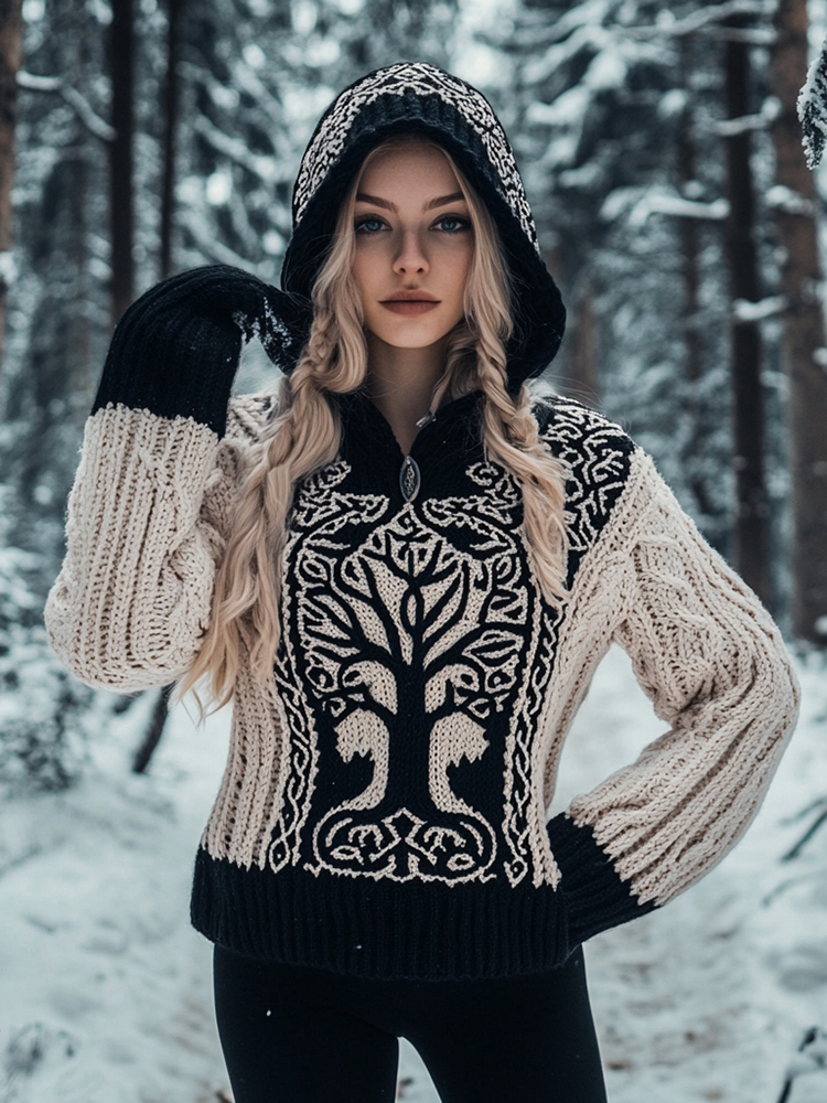 Women's Viking Tree Of Life Jacquard Cozy Chunky Knit Hooded Sweater