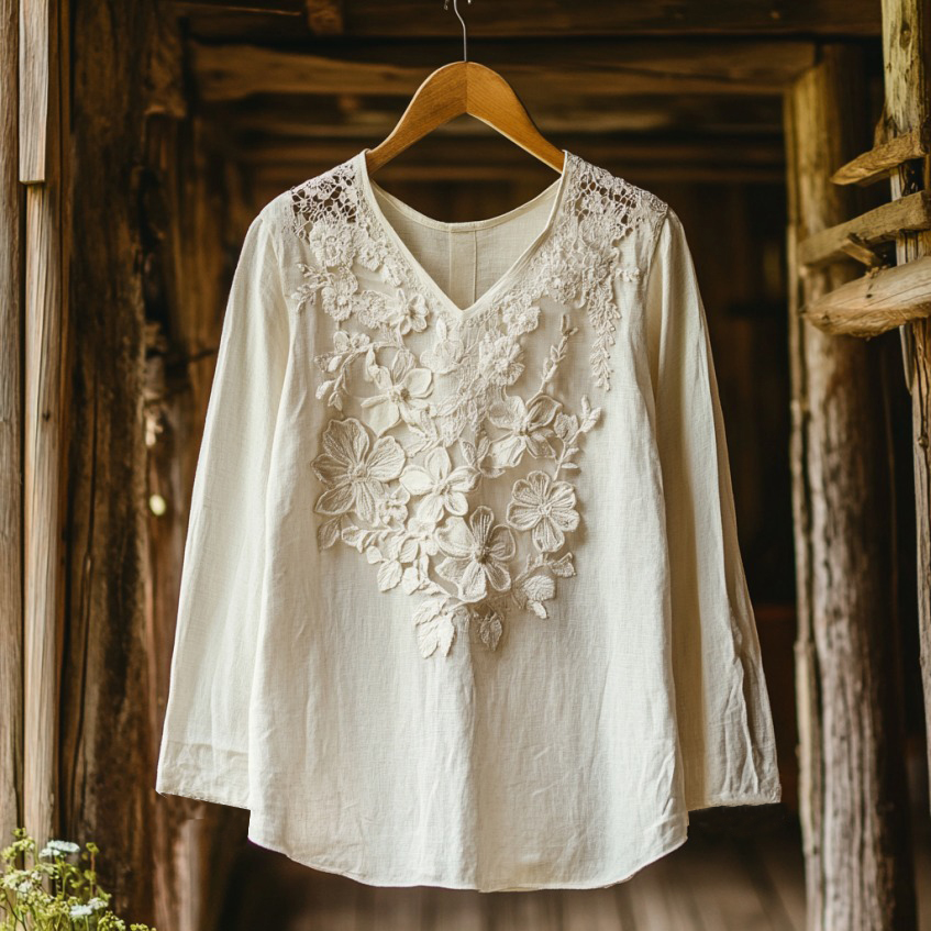 Women's Retro Floral Lace Embroidery Art V-neck Shirt Women's Retro Floral Lace Embroidery Art V-neck Shirt
