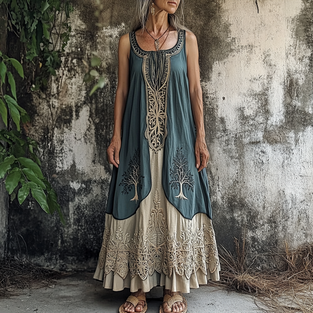 Women's Vintage Tribal Patchwork Linen Blend Midi Dress Women's Vintage Tribal Patchwork Linen Blend Midi Dress