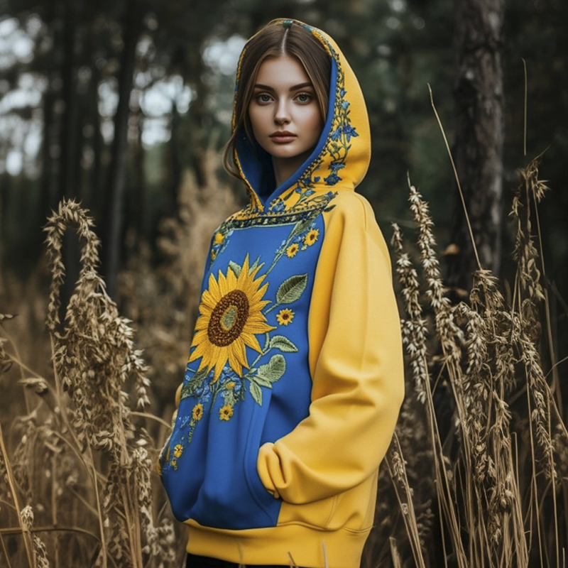 Ukrainian Sunflower Embroidered Print Women's Hooded Sweatshirt Ukrainian Sunflower Embroidered Print Women's Hooded Sweatshirt