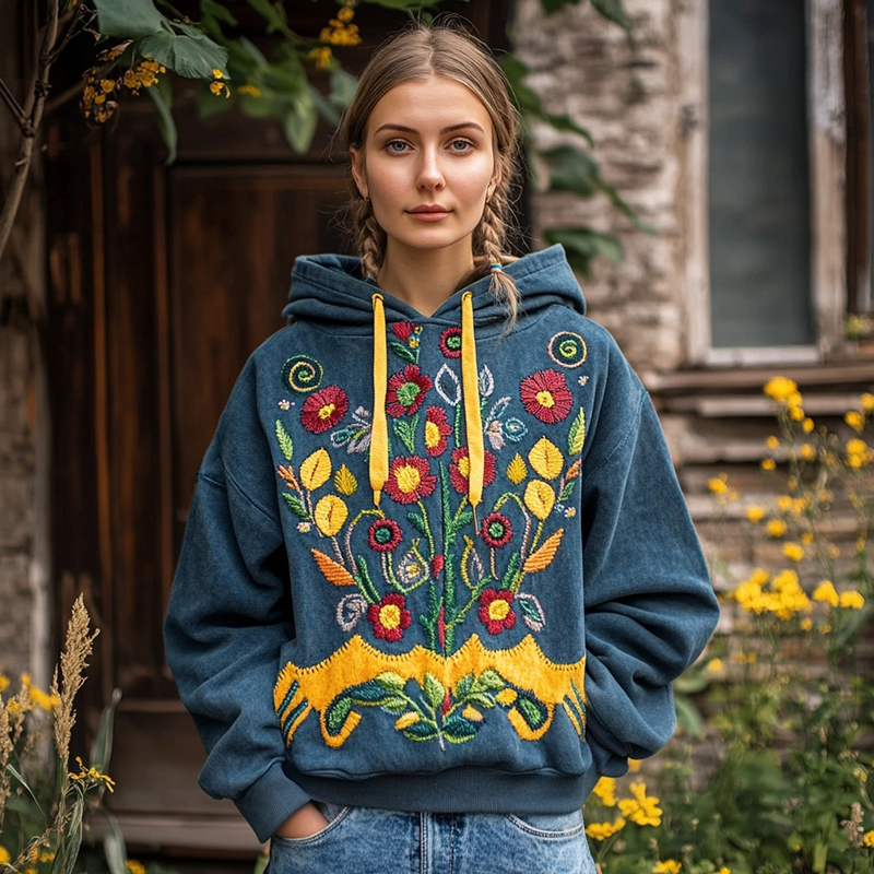 Ukrainian Folk Floral Embroidered Vintage Comfy Hoodie Ukrainian Folk Floral Embroidered Vintage Comfy Hoodie