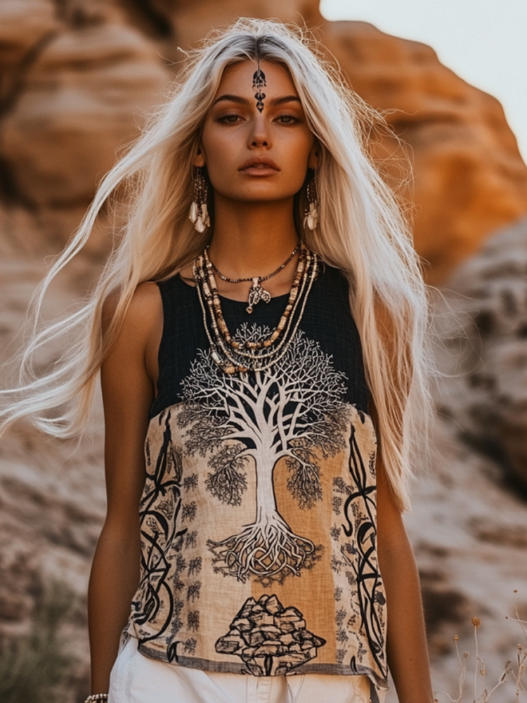 Women's Viking  Tree Of Life Tribal With Celtic Knot Pattern Art Linen Sleeveless Top