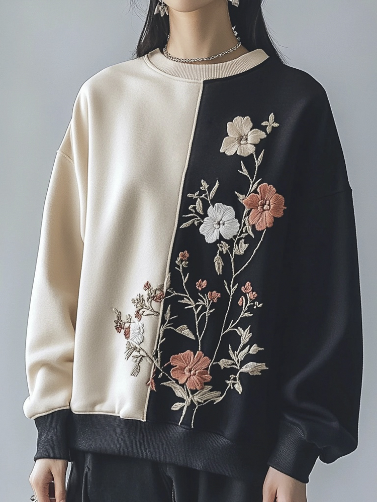 Handmade Floral Embroidery Two Color Women's Loose Sweatshirt