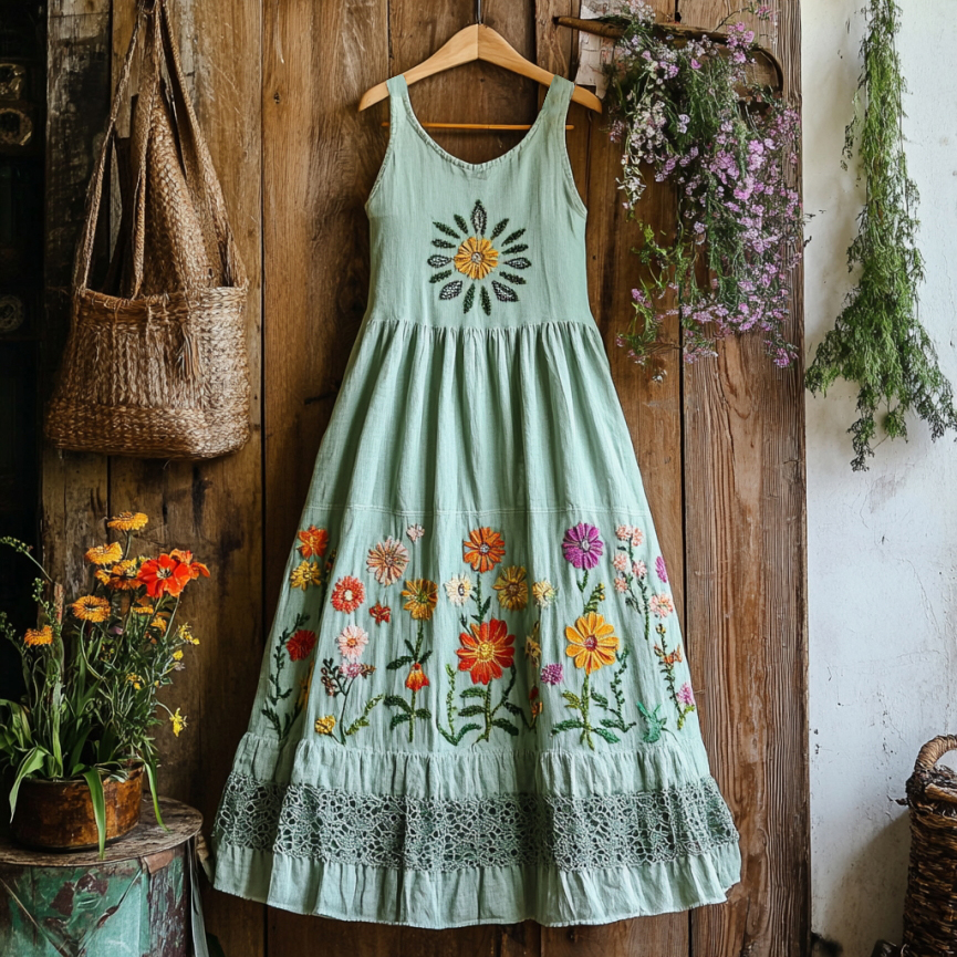 Vintage Boho Colorful Floral Embroidered Art Linen Tank Dress Vintage Boho Colorful Floral Embroidered Art Linen Tank Dress