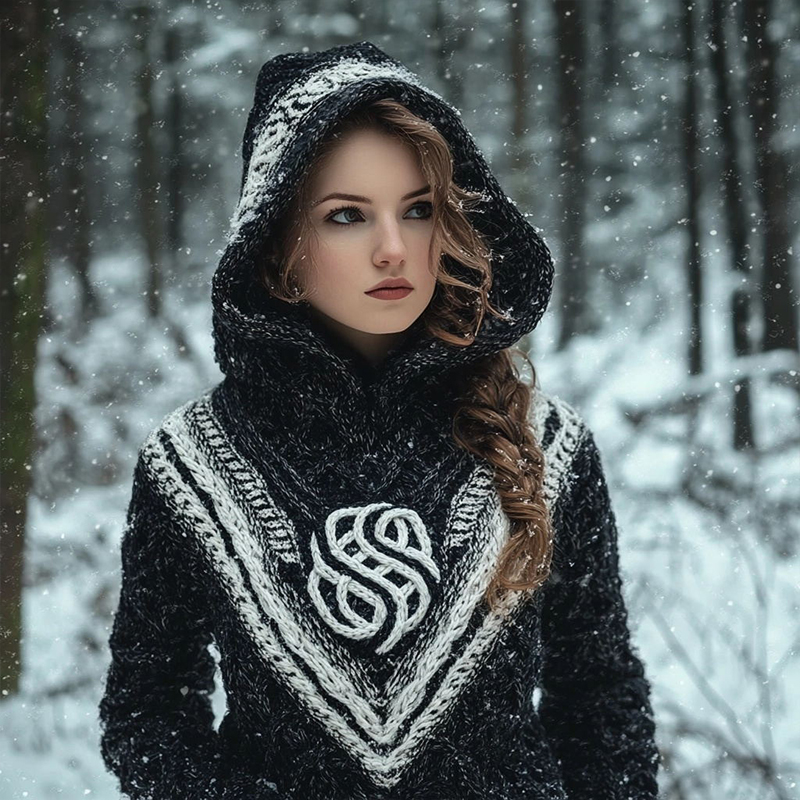 Women's Vintage Jacquard Cozy Knit Hooded Sweater Women's Vintage Jacquard Cozy Knit Hooded Sweater