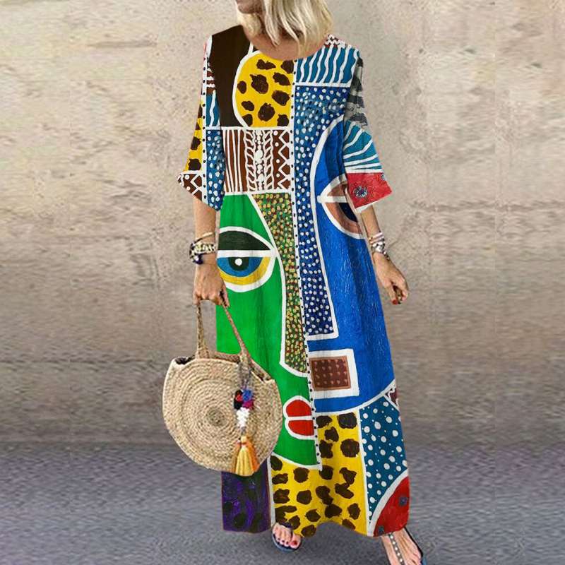 Face Geometric Abstract Art Women's Linen Maxi Dress Face Geometric Abstract Art Women's Linen Maxi Dress
