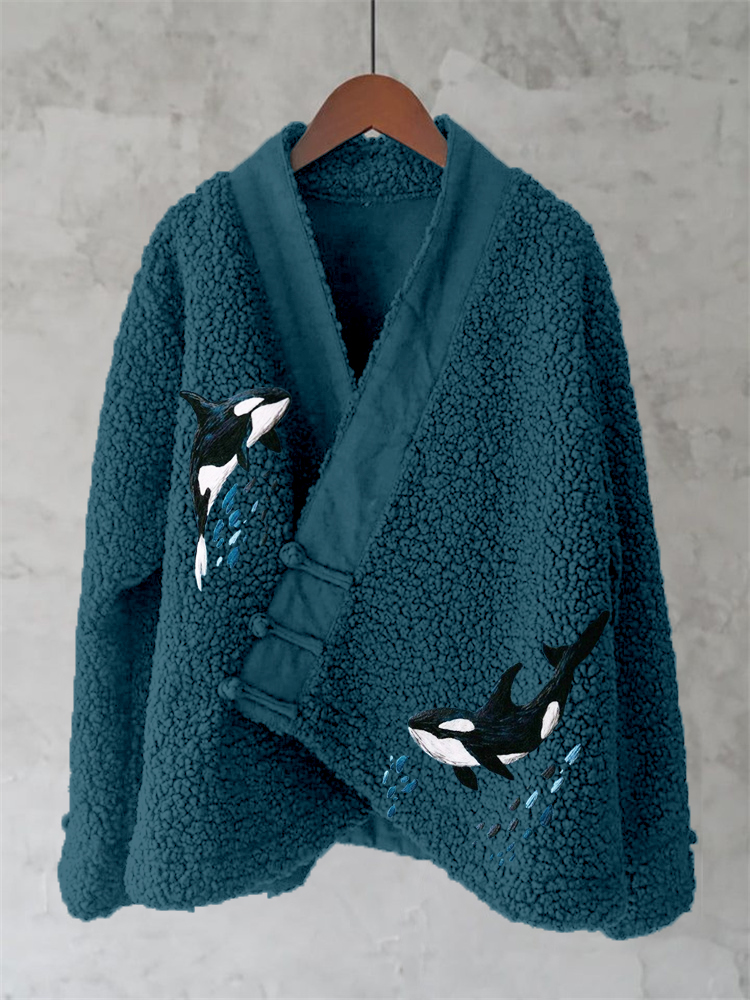 Ocean Whales Embroidery Art Fleece Kimono Cardigan