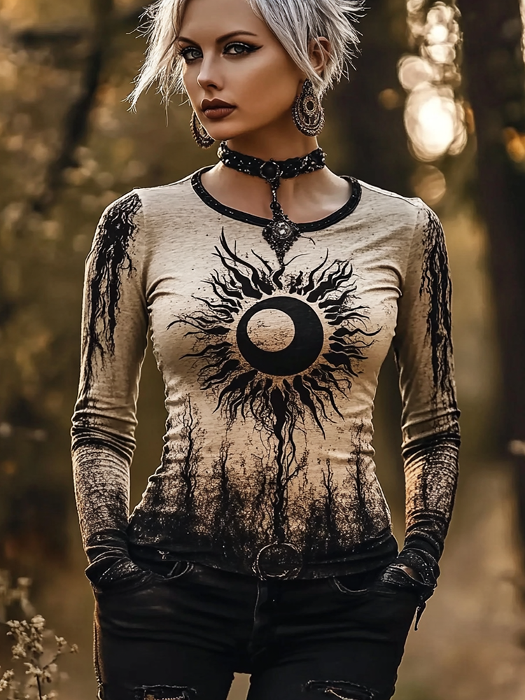 Retro Mystical Moon Print Long Sleeve T-shirt