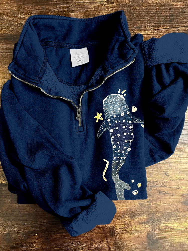 Whale Shark Embroidered Zip Up Comfy Sweatshirt