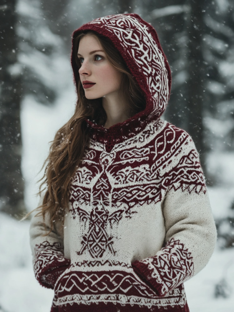 Women's Vintage Viking Valentine's Day Love Jacquard Hooded Sweater