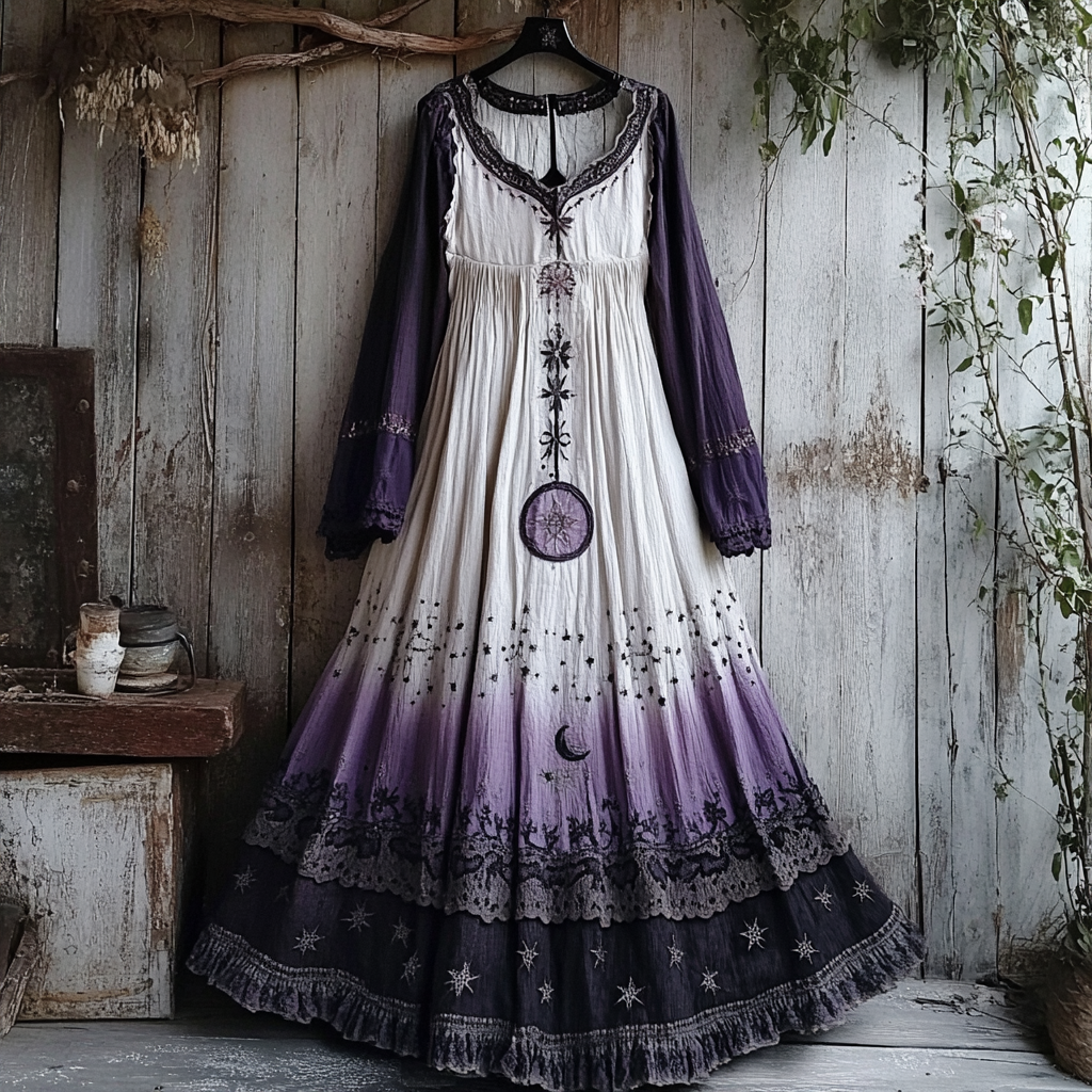 Women's Retro Tribal Star And Moon Gradient Design Long Dress Women's Retro Tribal Star And Moon Gradient Design Long Dress