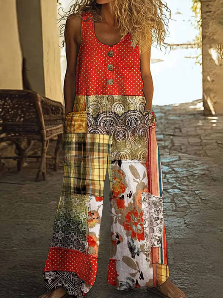 Vintage Square Patchwork Polka Dot Art Women's Linen Wide Leg Jumpsuit