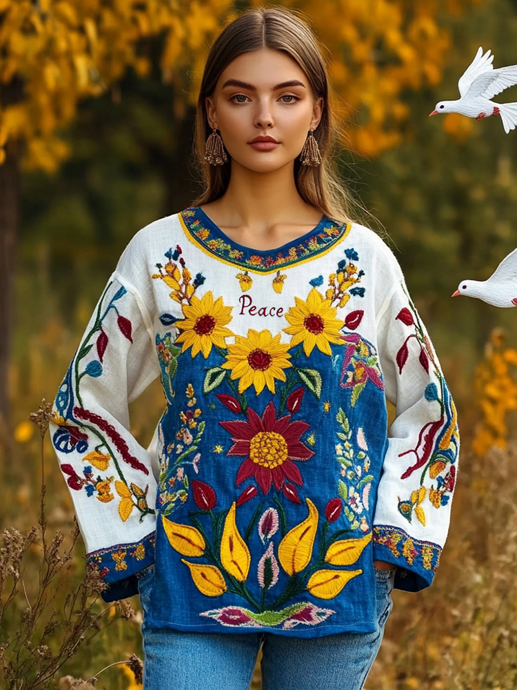 Ukrainian Peace Floral Embroidery Crew Neck Linen Shirt