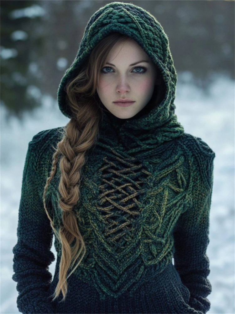 Vintage Celtic Forest Elf Gradient Cozy Hooded Sweater