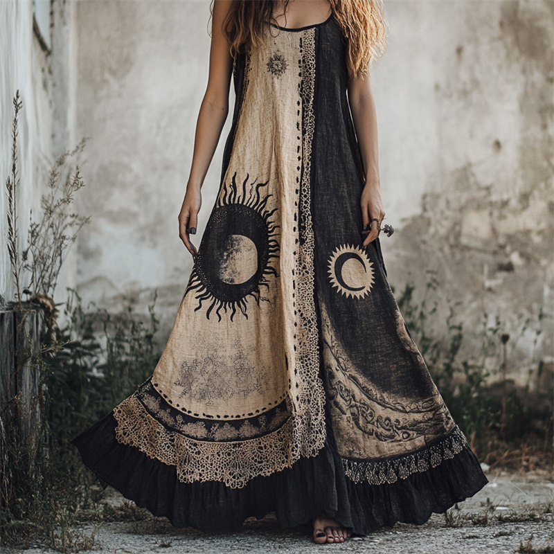 Mystical Sun & Moon Contrast Lace Layered Maxi Linen Dress Mystical Sun & Moon Contrast Lace Layered Maxi Linen Dress