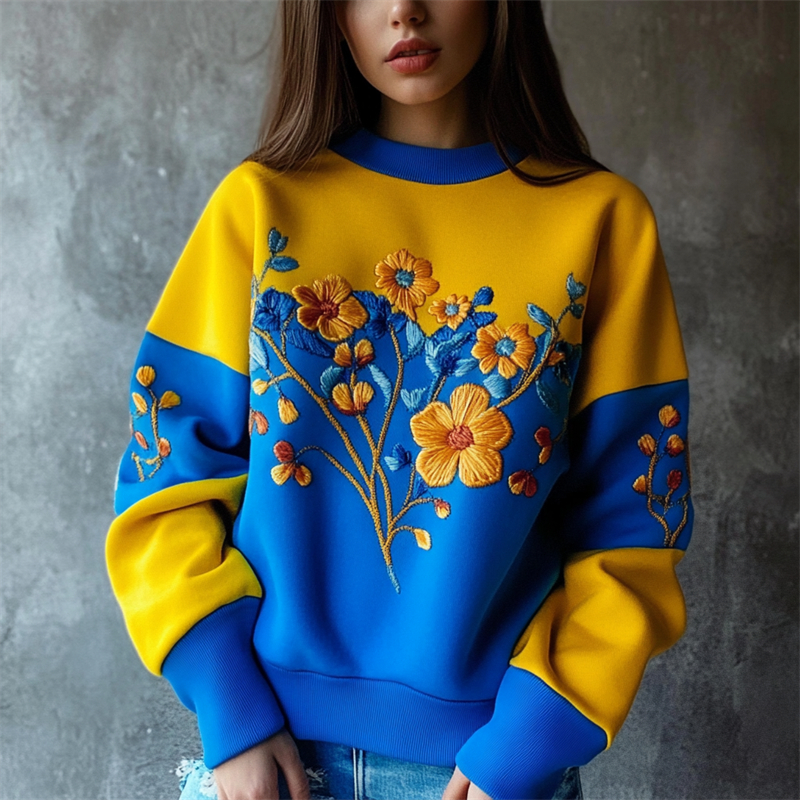 Ukraine Classy Floral Embroidered Contrast Color Sweatshirt